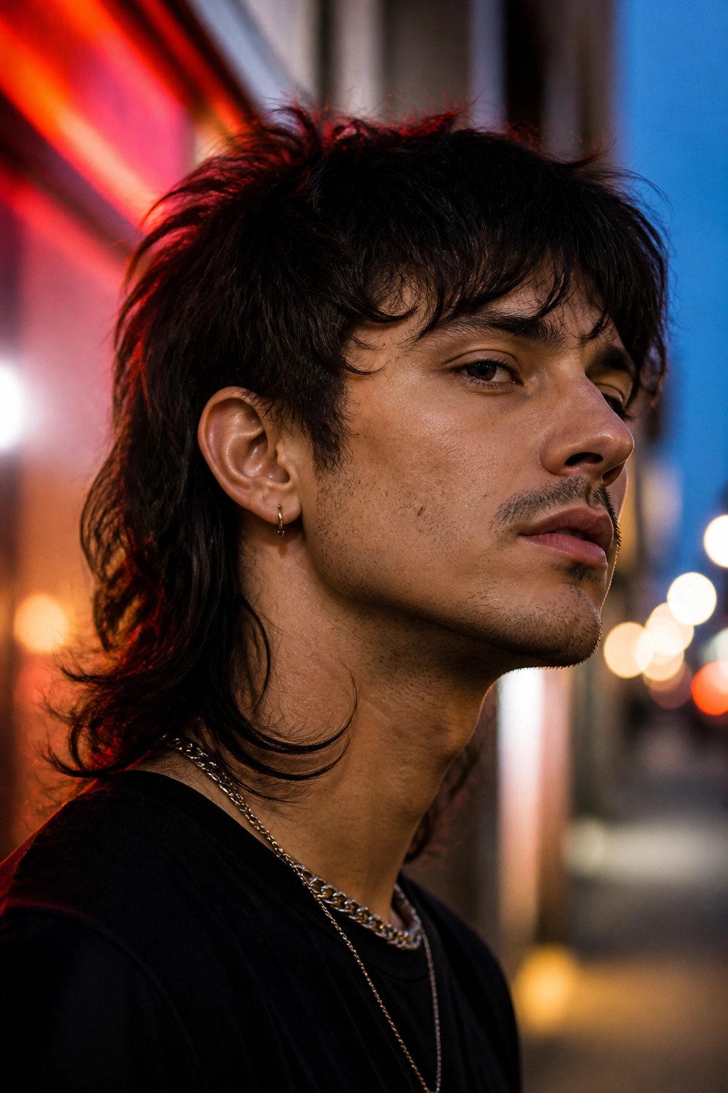 Close-up of a man with wolf cut mullet showing edgy layered top