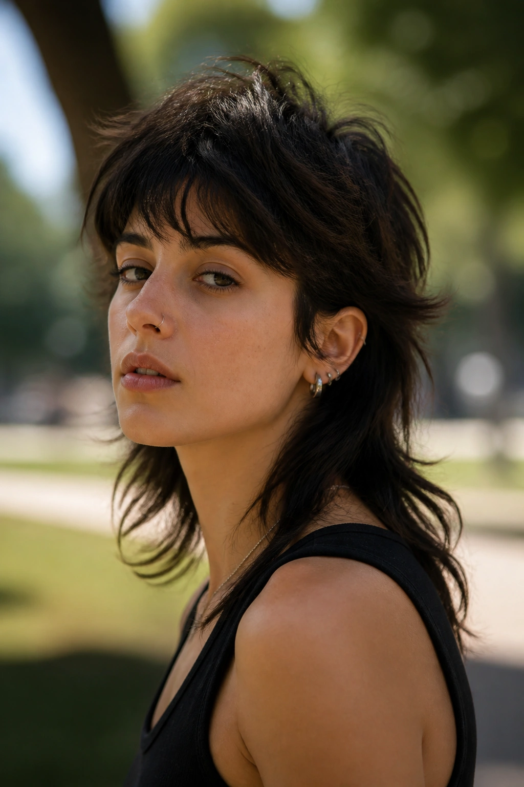 Close-up portrait of a real woman with a wolf cut mullet and heavy crown layers