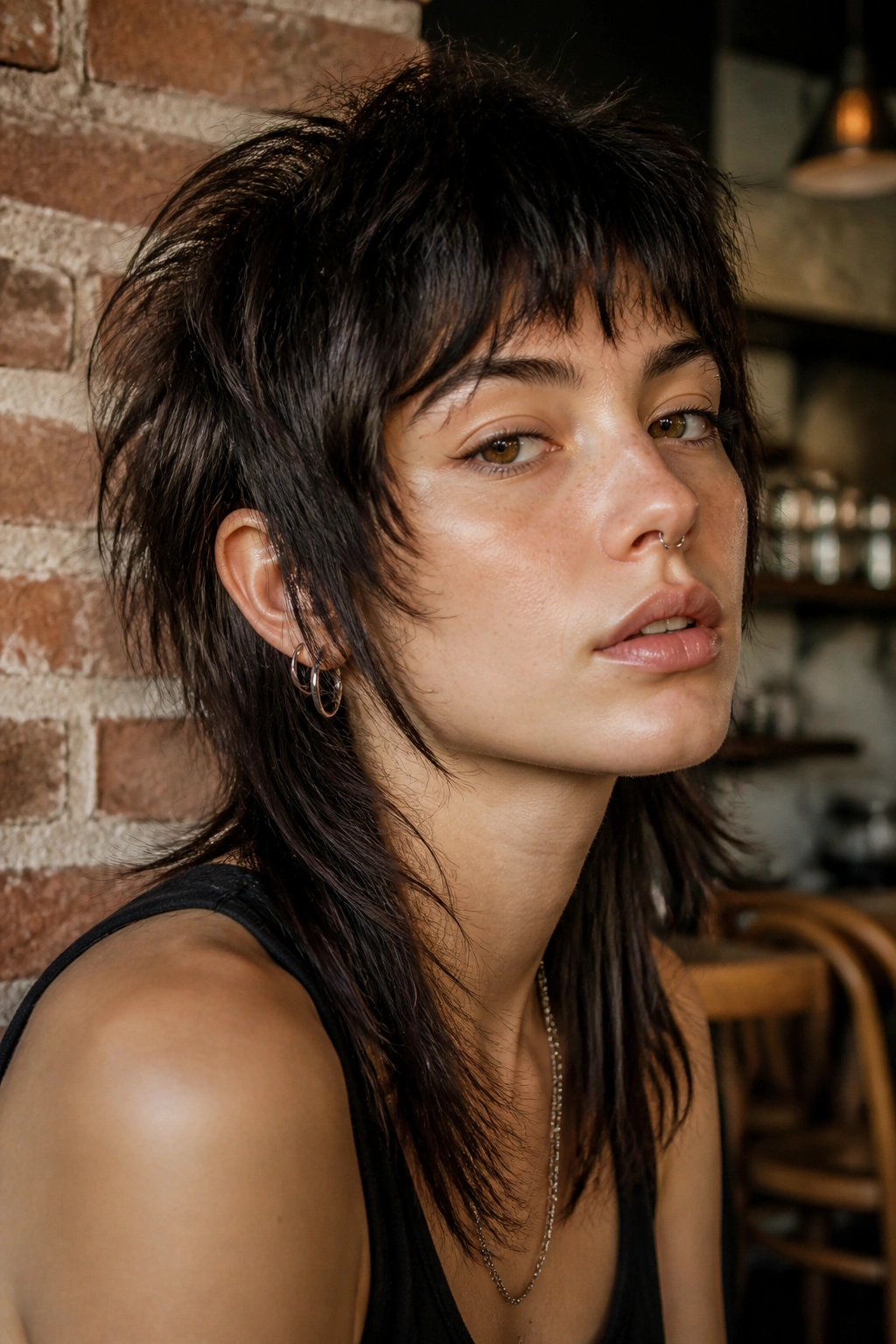 Close-up of a woman with wolf cut mullet against brick cafe backdrop