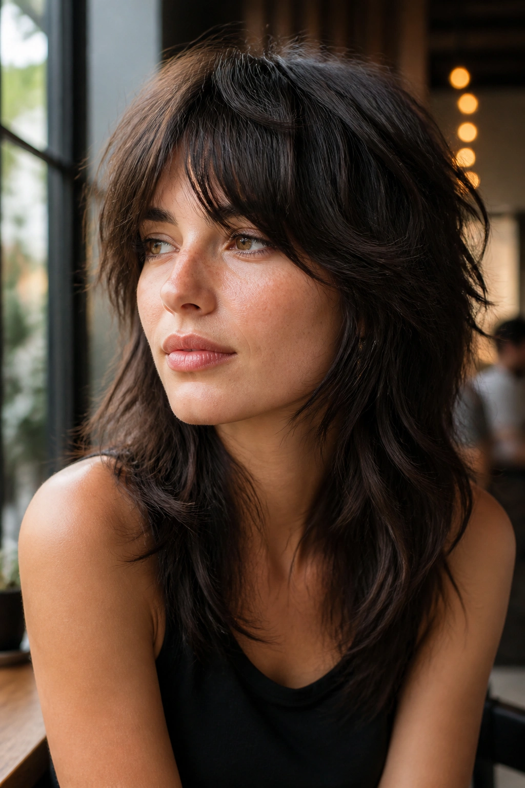 Portrait of a woman with wolf cut mullet shag and curtain bangs