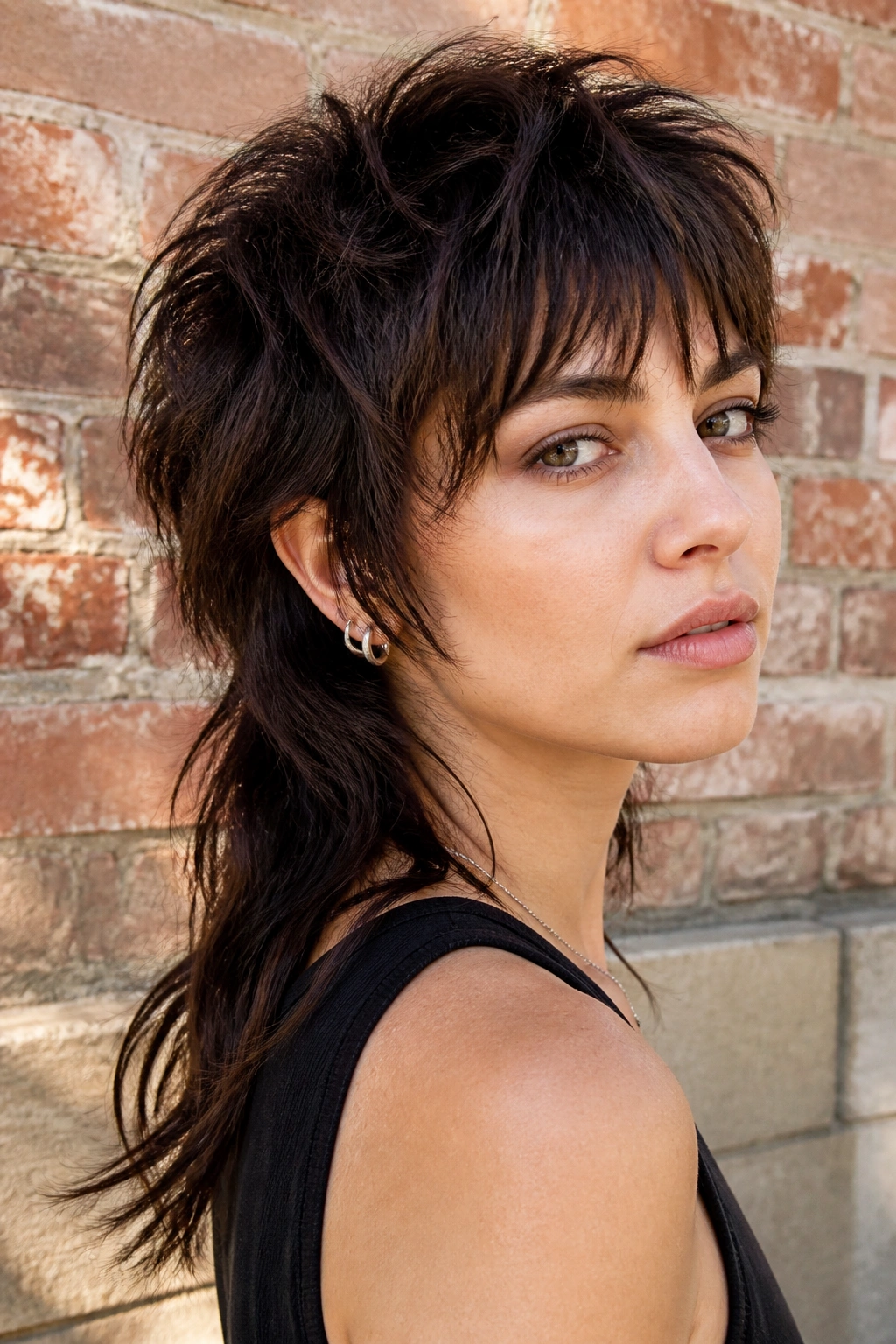 Close-up portrait of a real woman with a shaggy crown wolf cut mullet