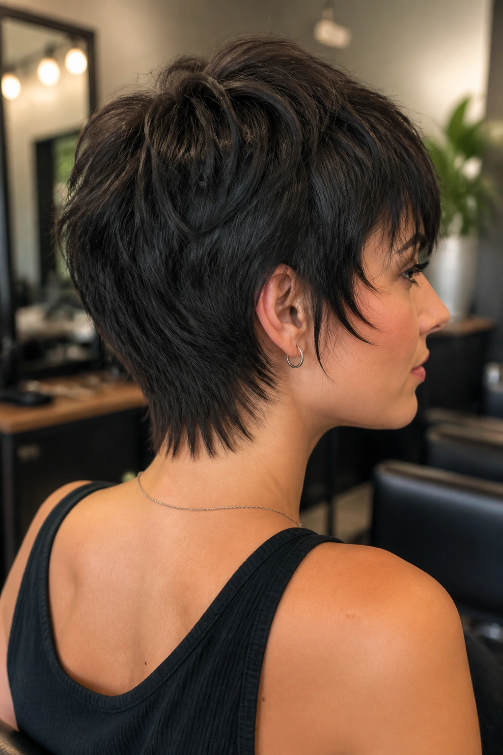 Real woman with short wolf mullet showing tapered nape in a modern salon.