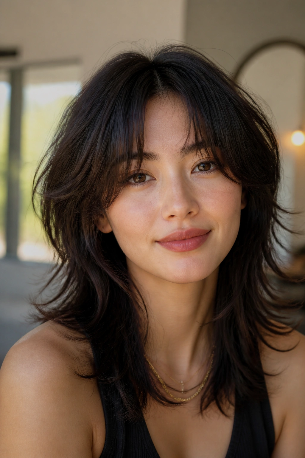 Close-up portrait of a real woman with an oval face and center-part curtain bangs Wolf cut.