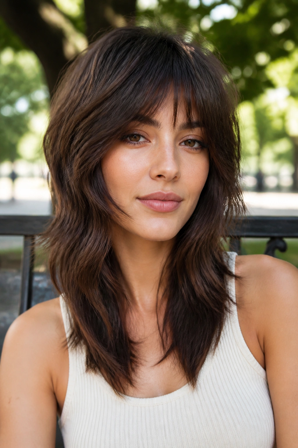Close-up portrait of a real woman with an oval-face wolf cut, longer layers and side part.