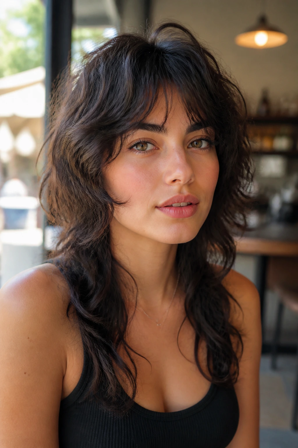 Close-up of a real woman with a soft wolf cut and textured layers