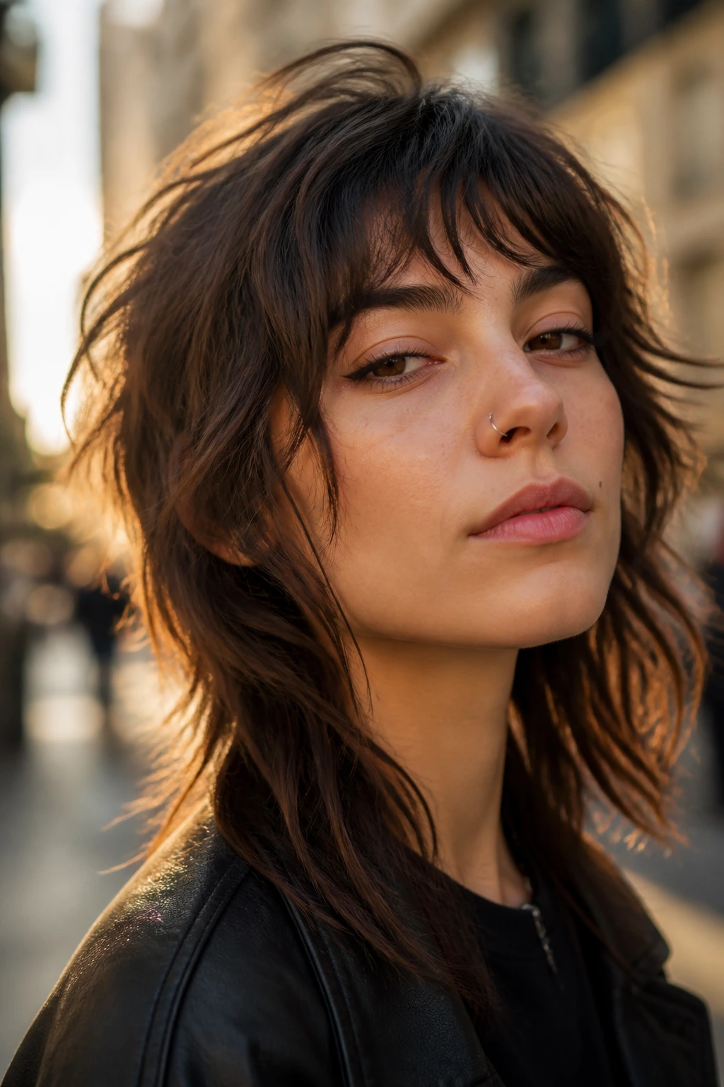 Close-up portrait of a person with a modern wolf cut hairstyle