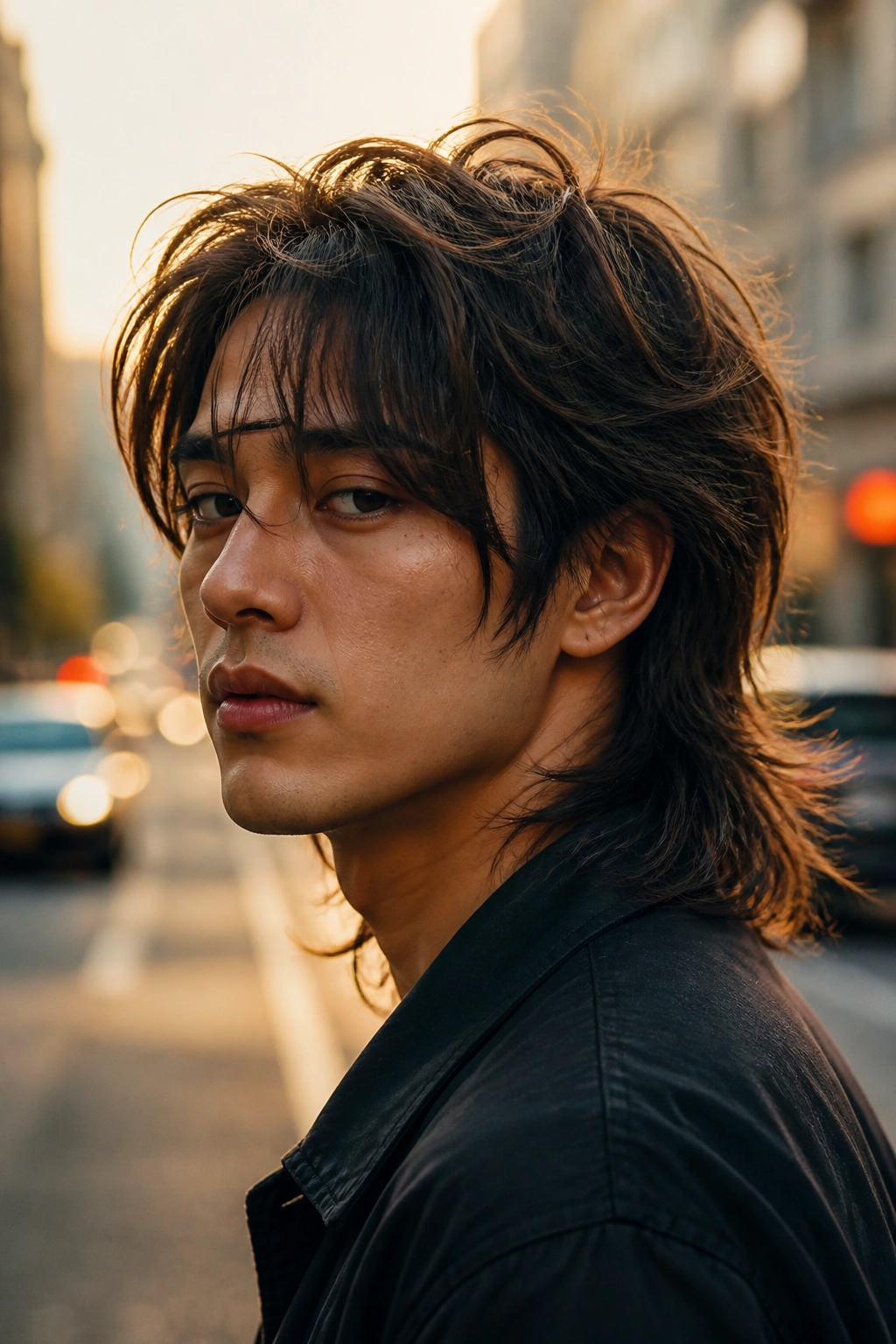 Portrait of a man with layered wolf cut in an urban outdoor setting