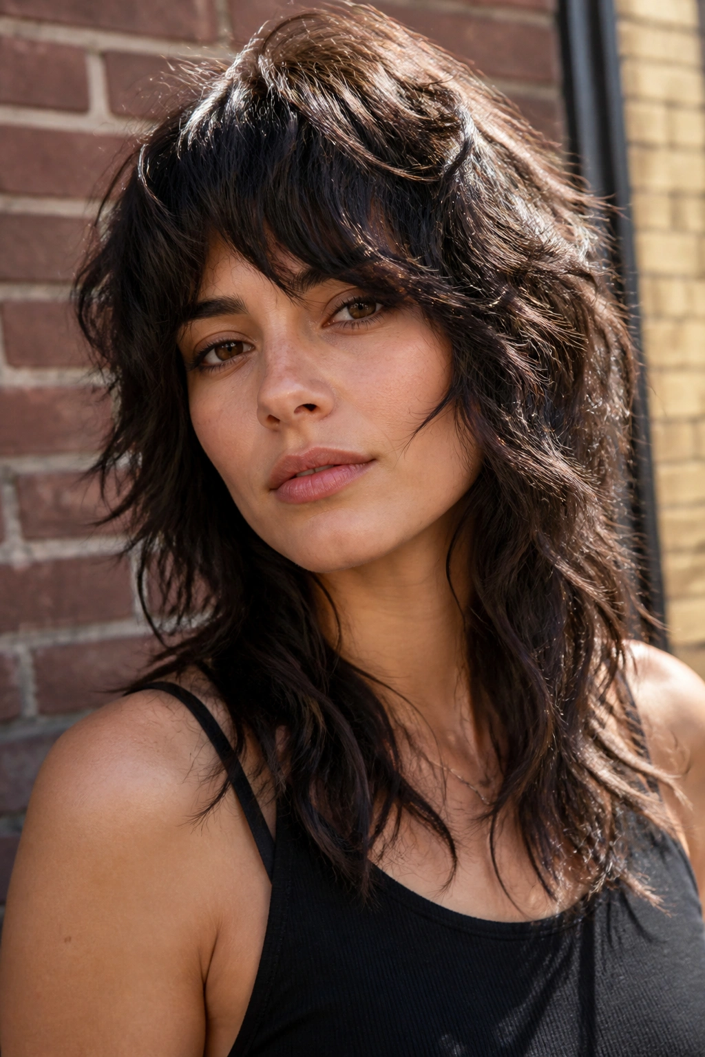 Real woman with wolf cut showing crown lift and texture