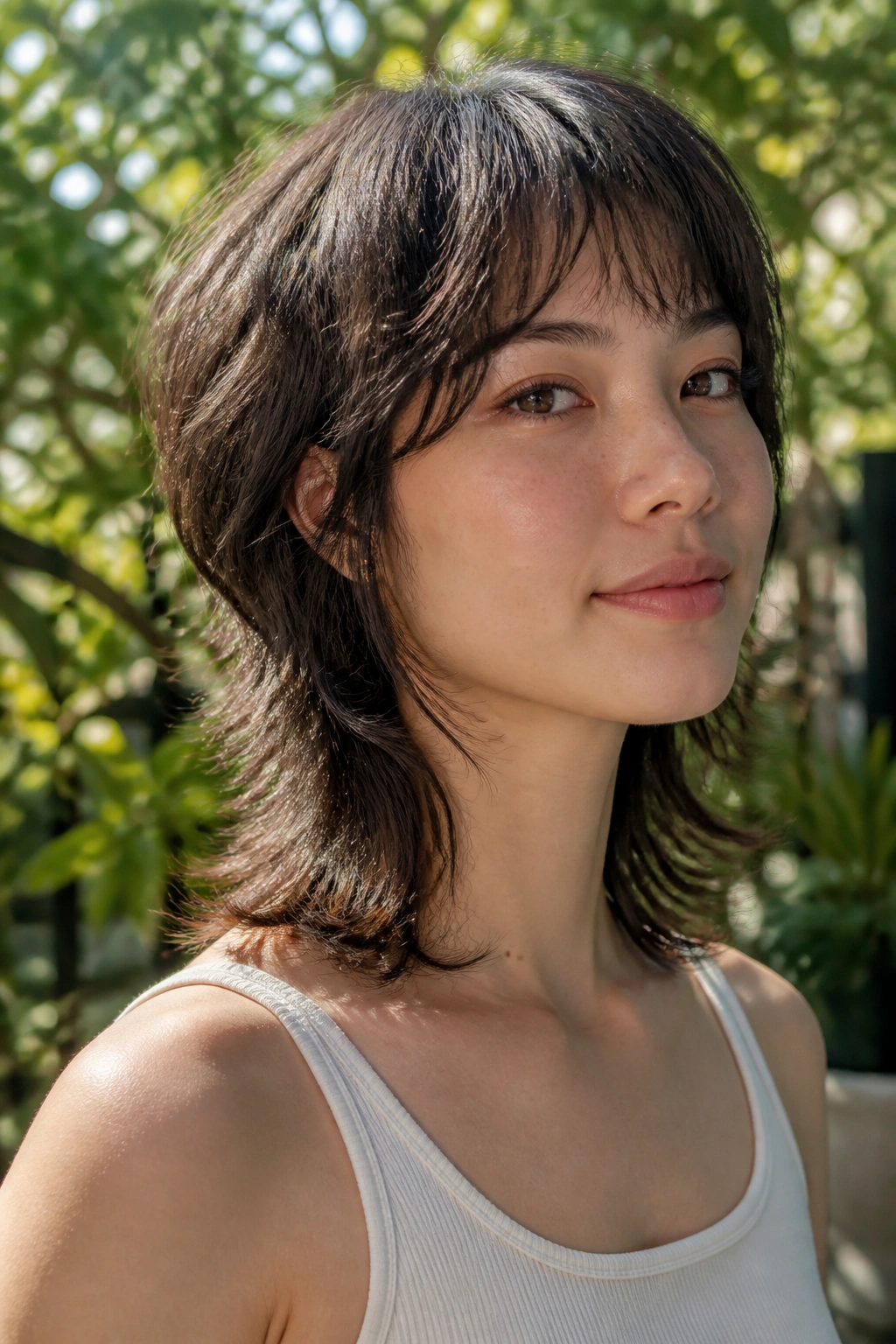 Portrait of a real person with a wolf cut and softened edges