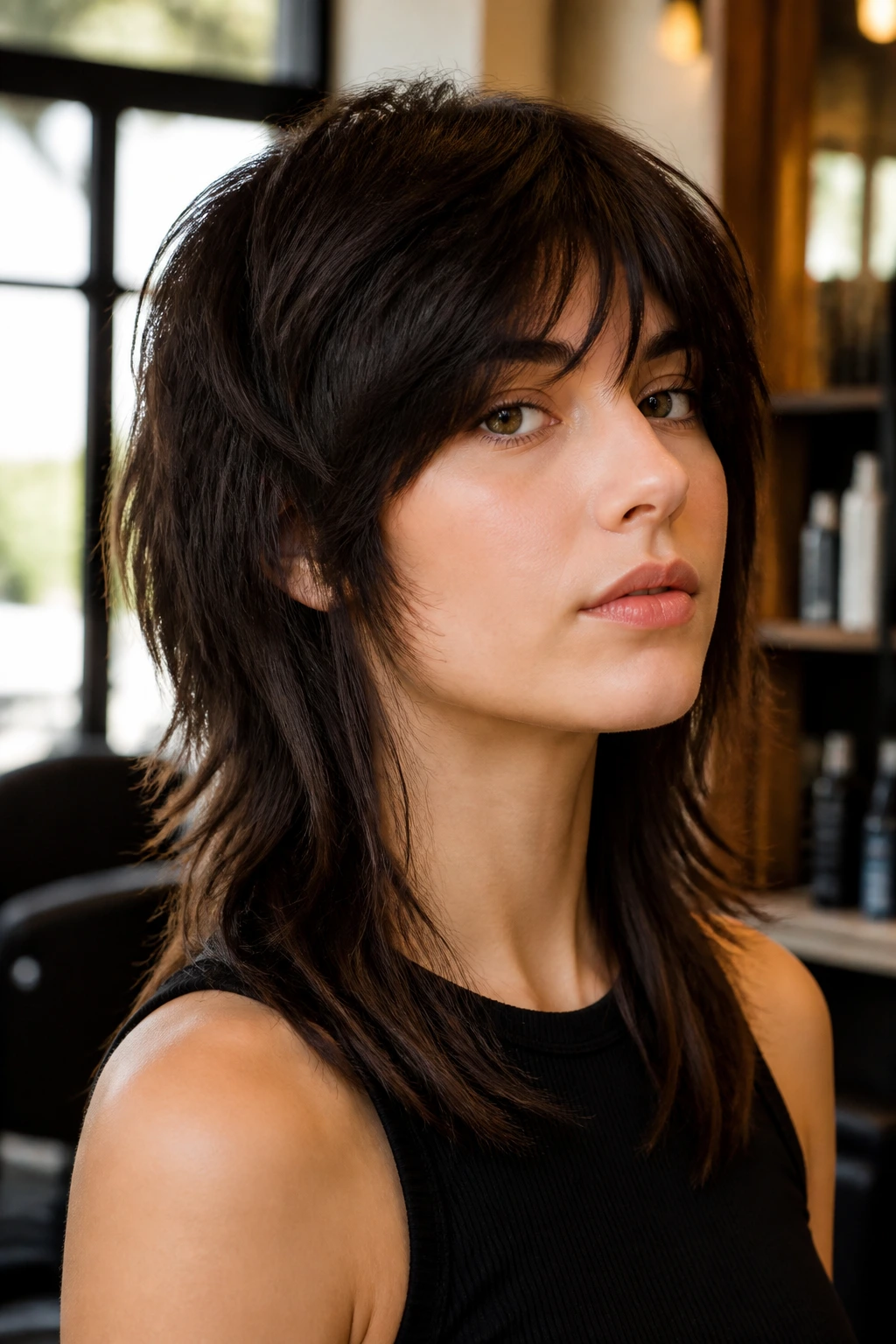 Portrait of a real woman with a wolf cut showing volume at the crown and choppy sides