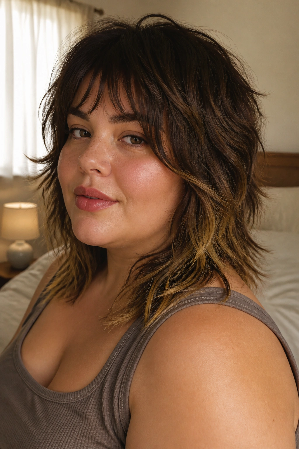 Close-up portrait of a real woman with a wolf cut featuring razor-shaped ends in warm window light