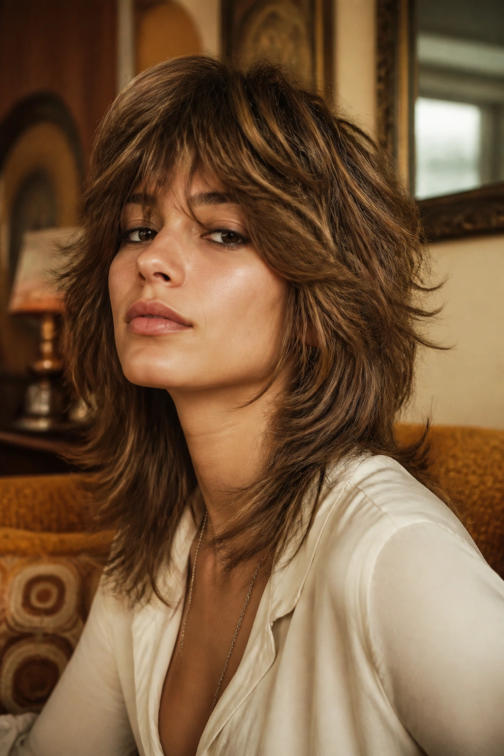 Close-up of real person with retro 70s feathered wolf cut in a vintage-style room