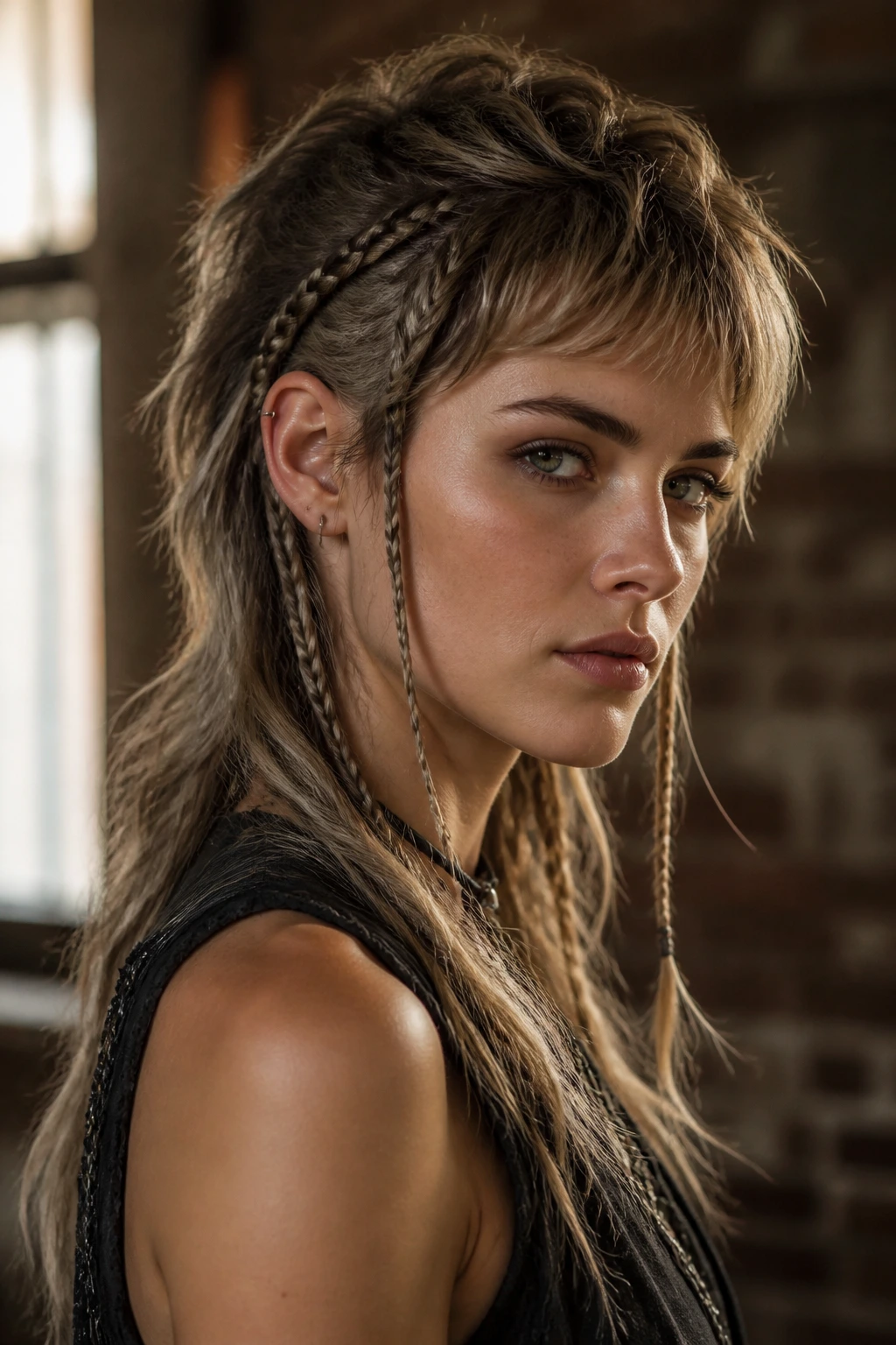 Close-up of a real woman with a wolf cut and rope braids at the temples in a moody loft