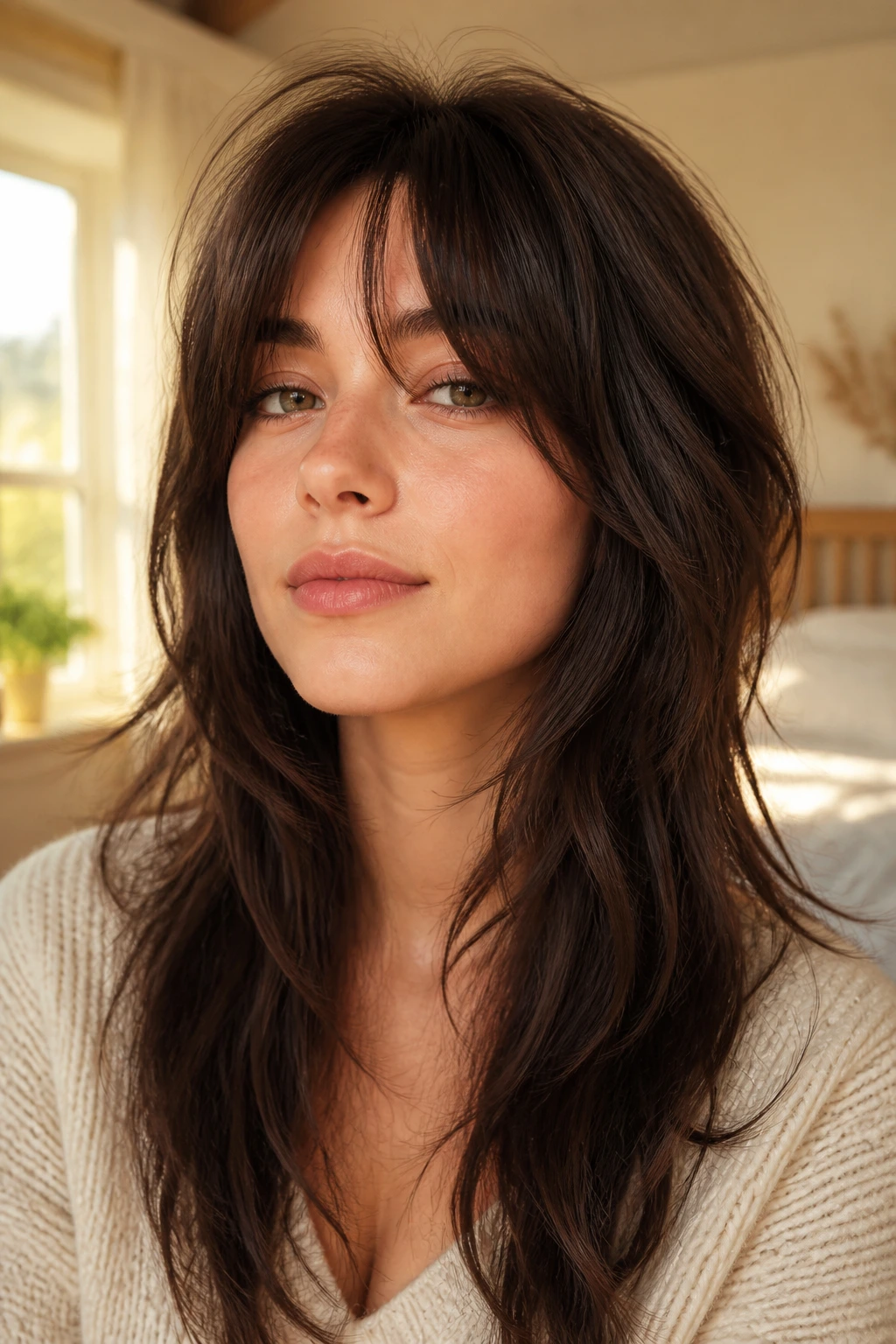 Close-up portrait of a real woman with round-face flattering wolf cut, crown lift and long front pieces in warm window light