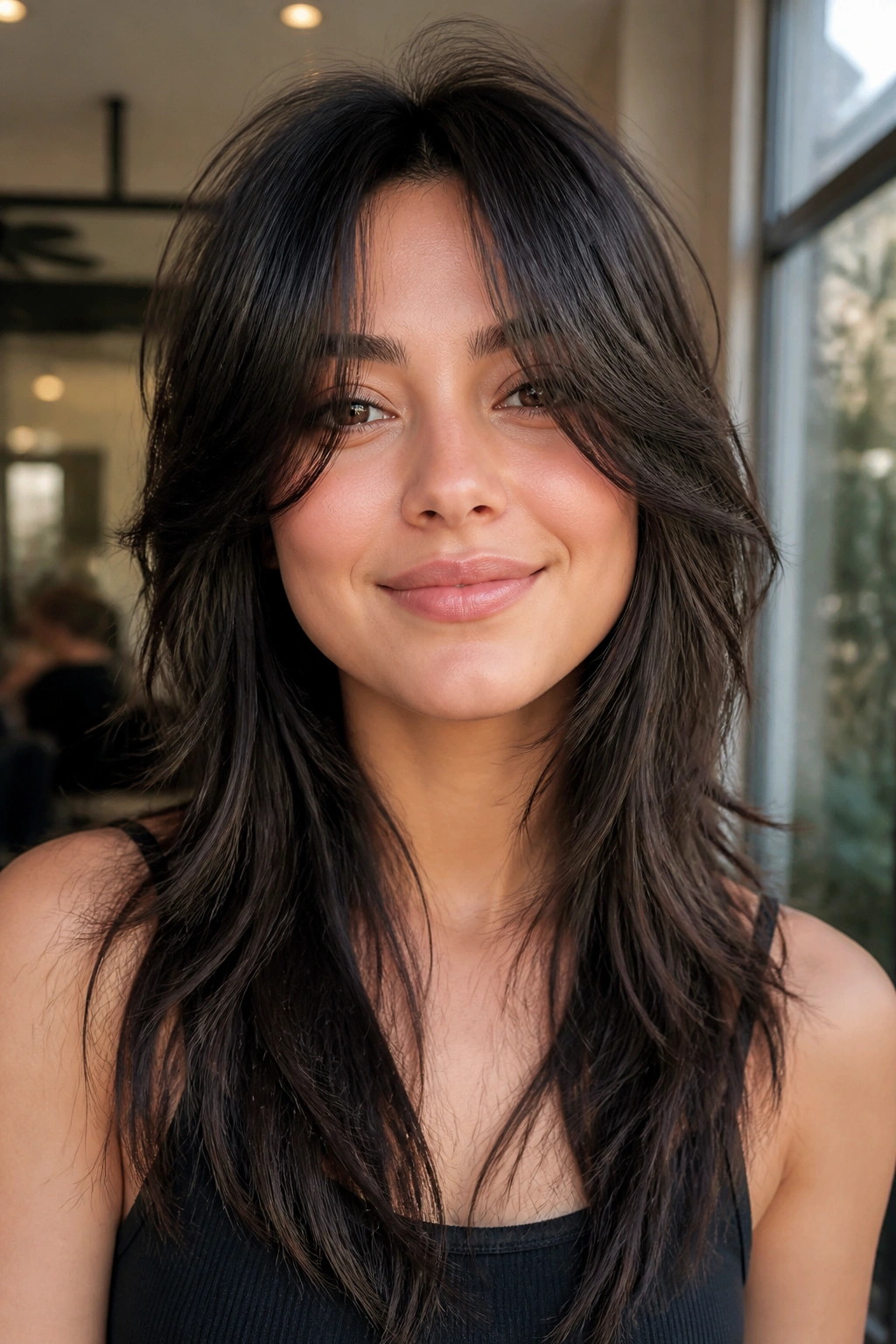 Close-up portrait of a real woman with a wolf cut and long curtain bangs, face-framing length.
