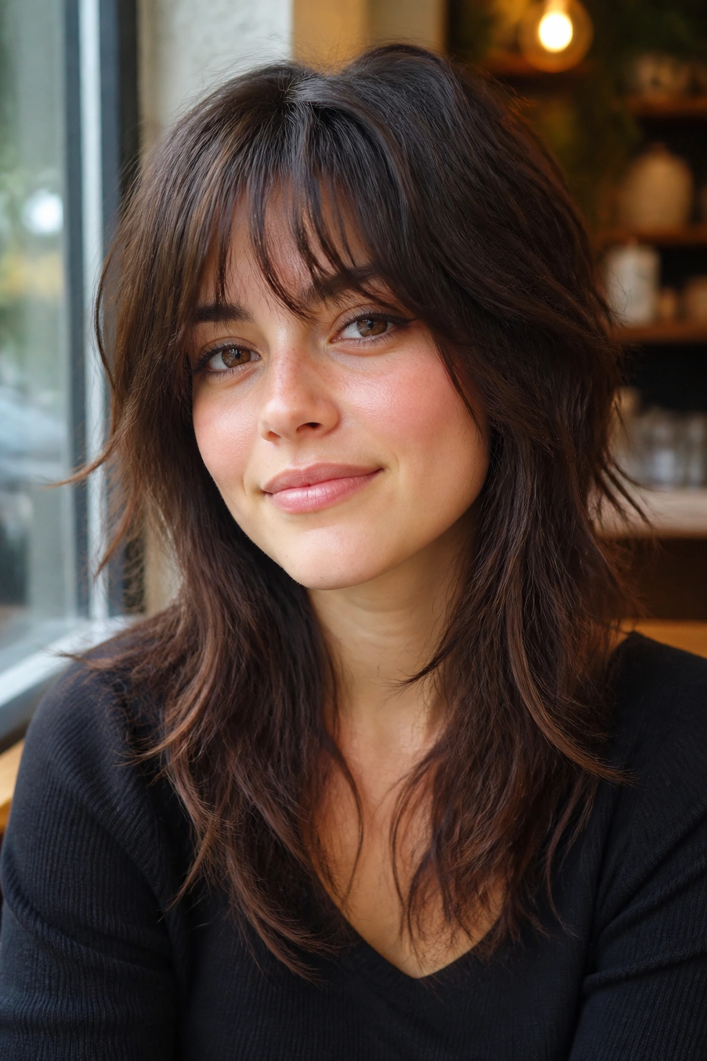 Close-up portrait of a real woman with a round-face wolf cut featuring vertical layers and wispy fringe.