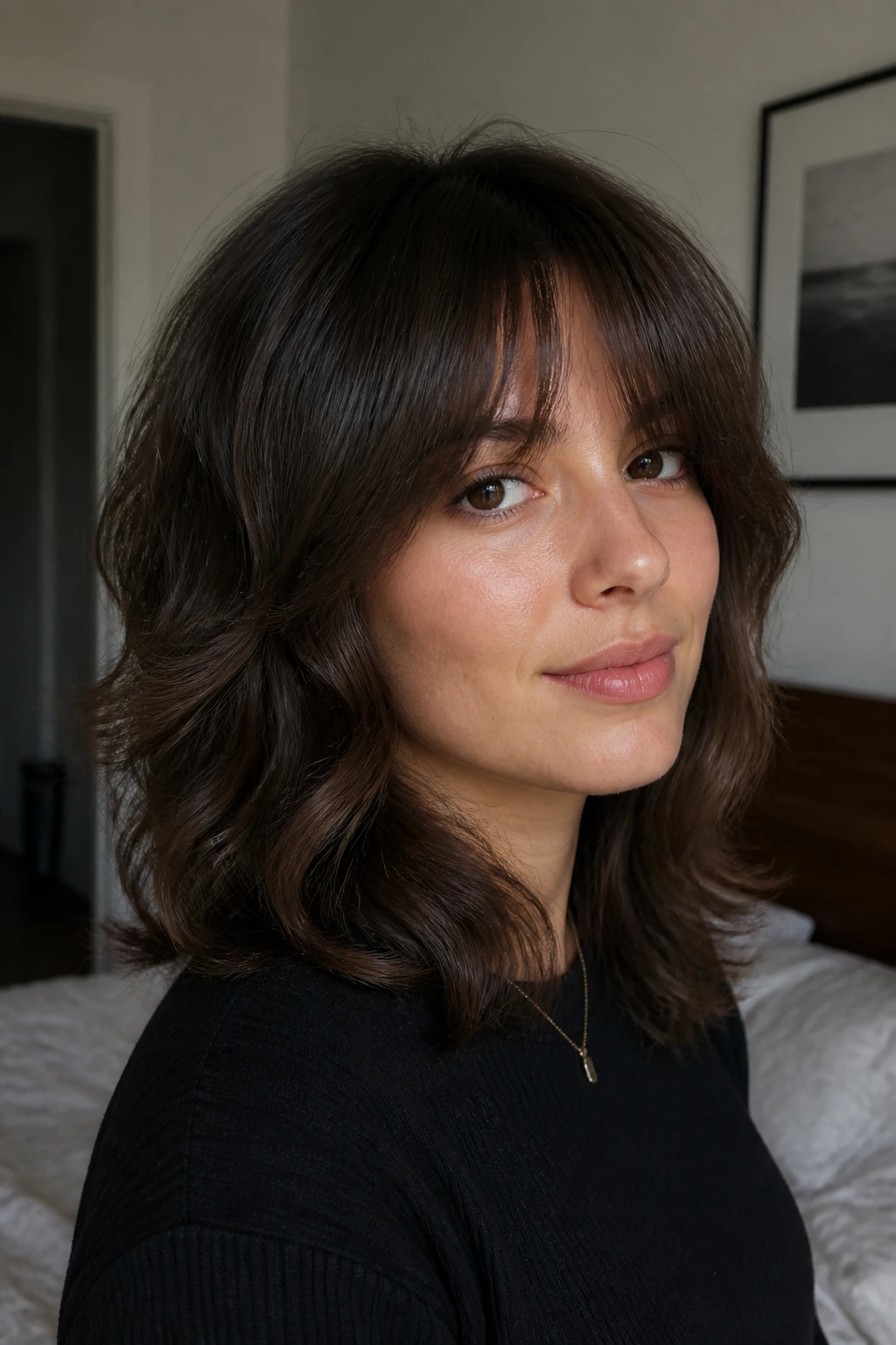 Close-up portrait of a real woman with a bouncy mid-length wolf cut and rounded crown in a softly lit bedroom