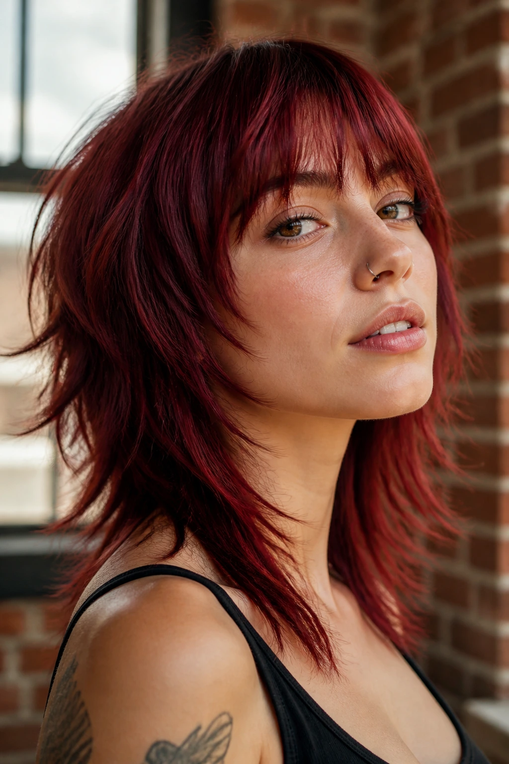 Close-up portrait of a real person with Ruby Red Wolf Cut with Razor Ends, sharp red color and choppy ends