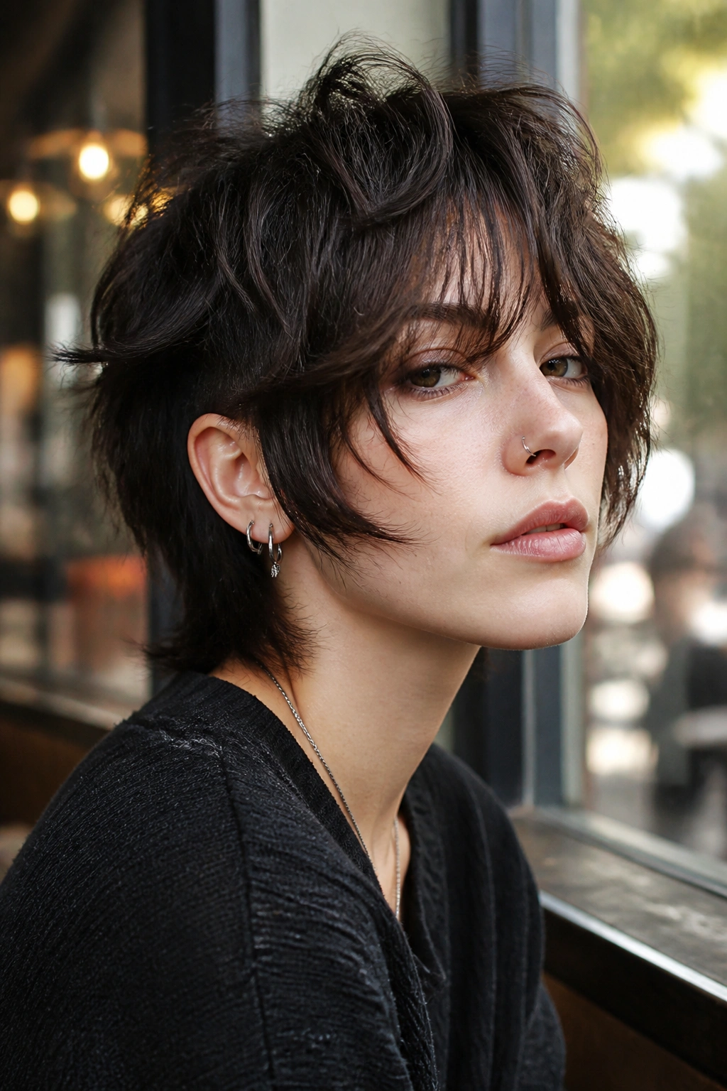 Real person with wolf-cut undercut shag and heavy curtain fringe in cafe daylight