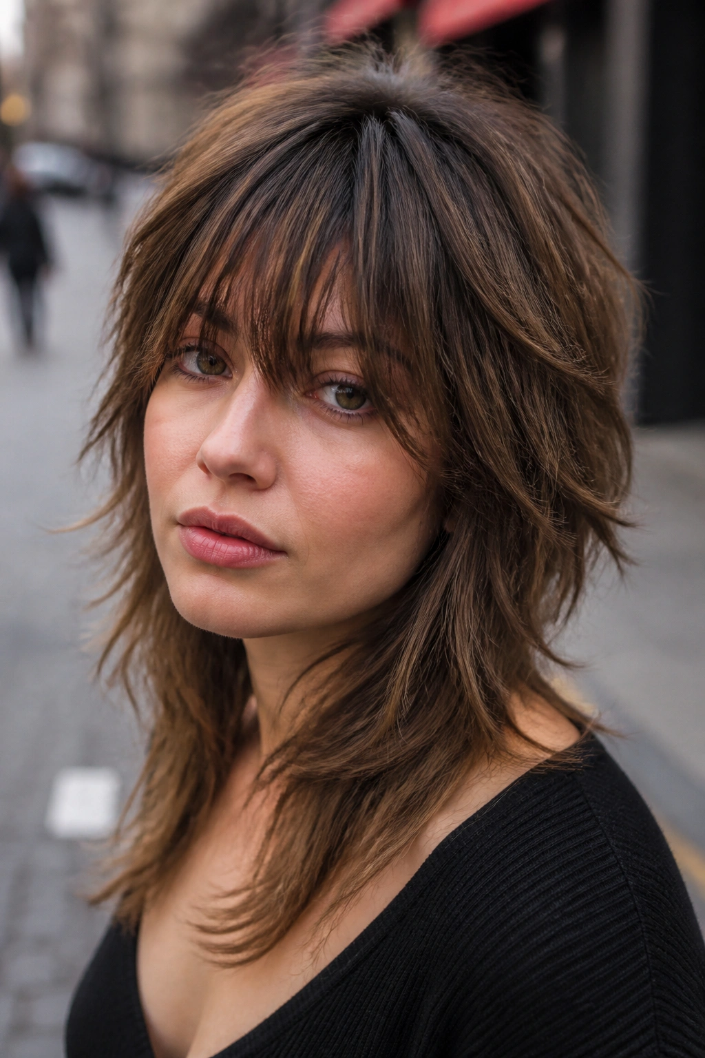 Portrait of a person with wolf cut shag featuring disconnected crown layers and long bangs.