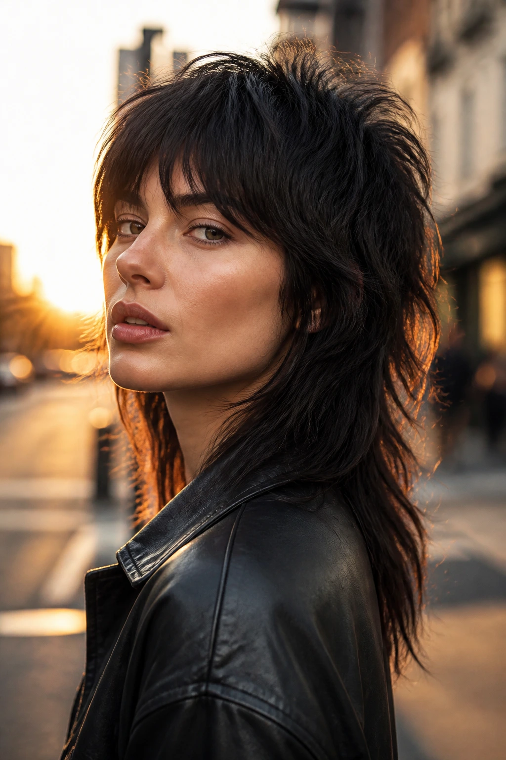Close-up portrait of a real woman with wolf cut shag hybrid