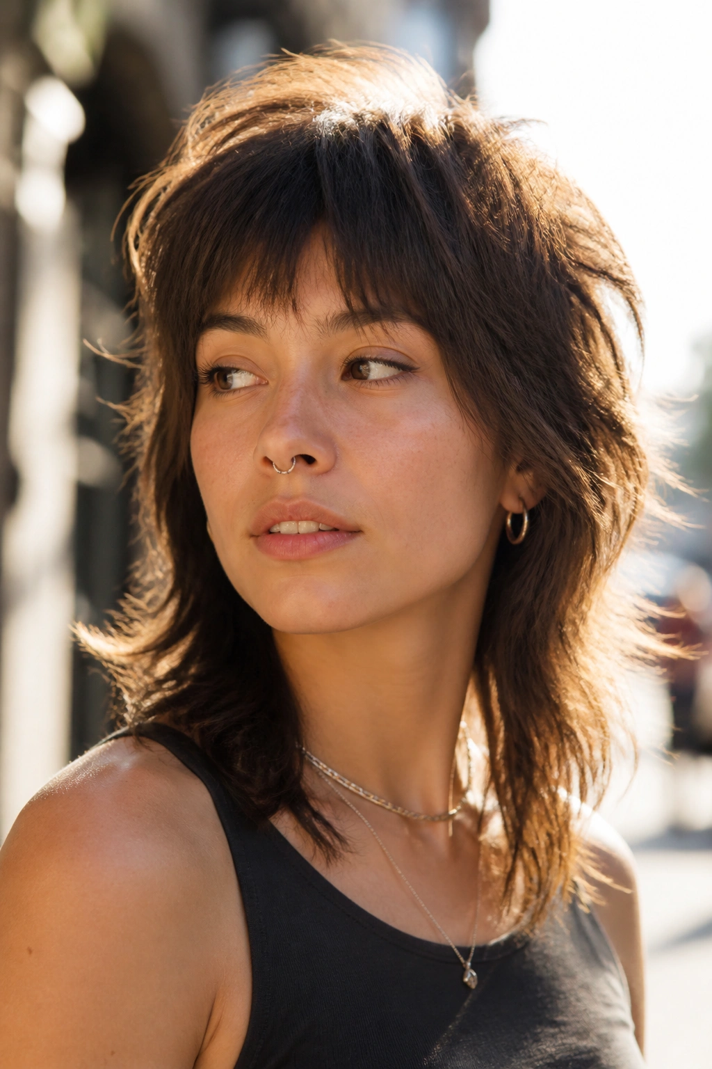 Real-person portrait showing a bold wolf-cut with shorter crown and longer lower layers in golden hour light