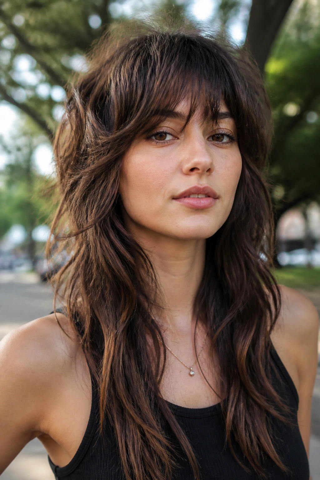 Portrait of a real person with long wolf cut shag hairstyle in an outdoor park
