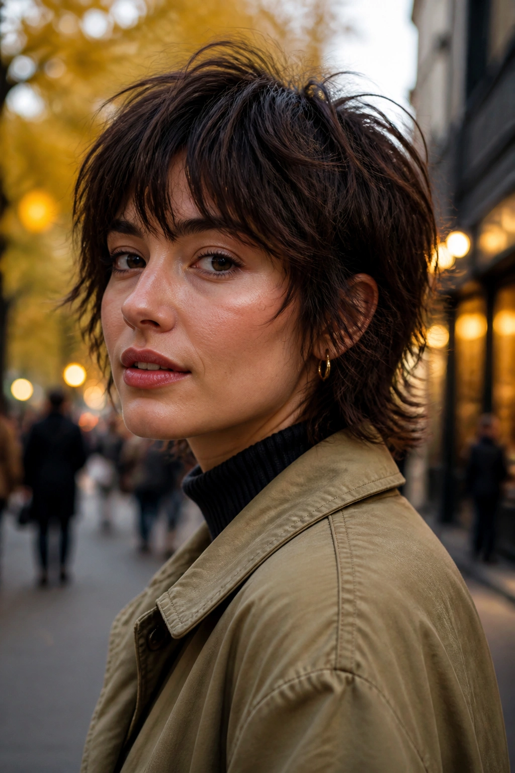 Close-up of a real person with a shaggy short wolf cut, voluminous crown and choppy sides