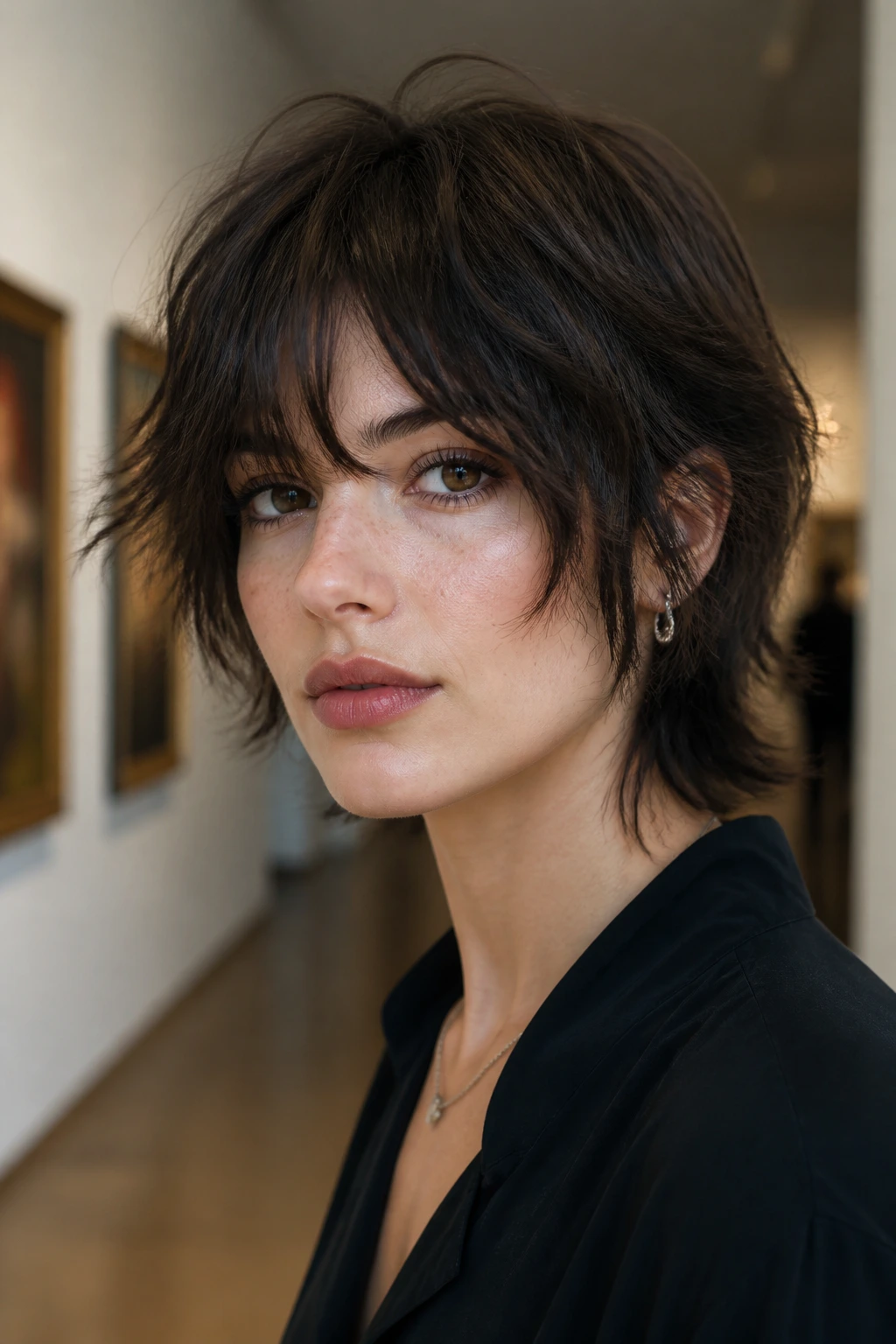 Close-up of a real person with a layered wolf cut for short hair