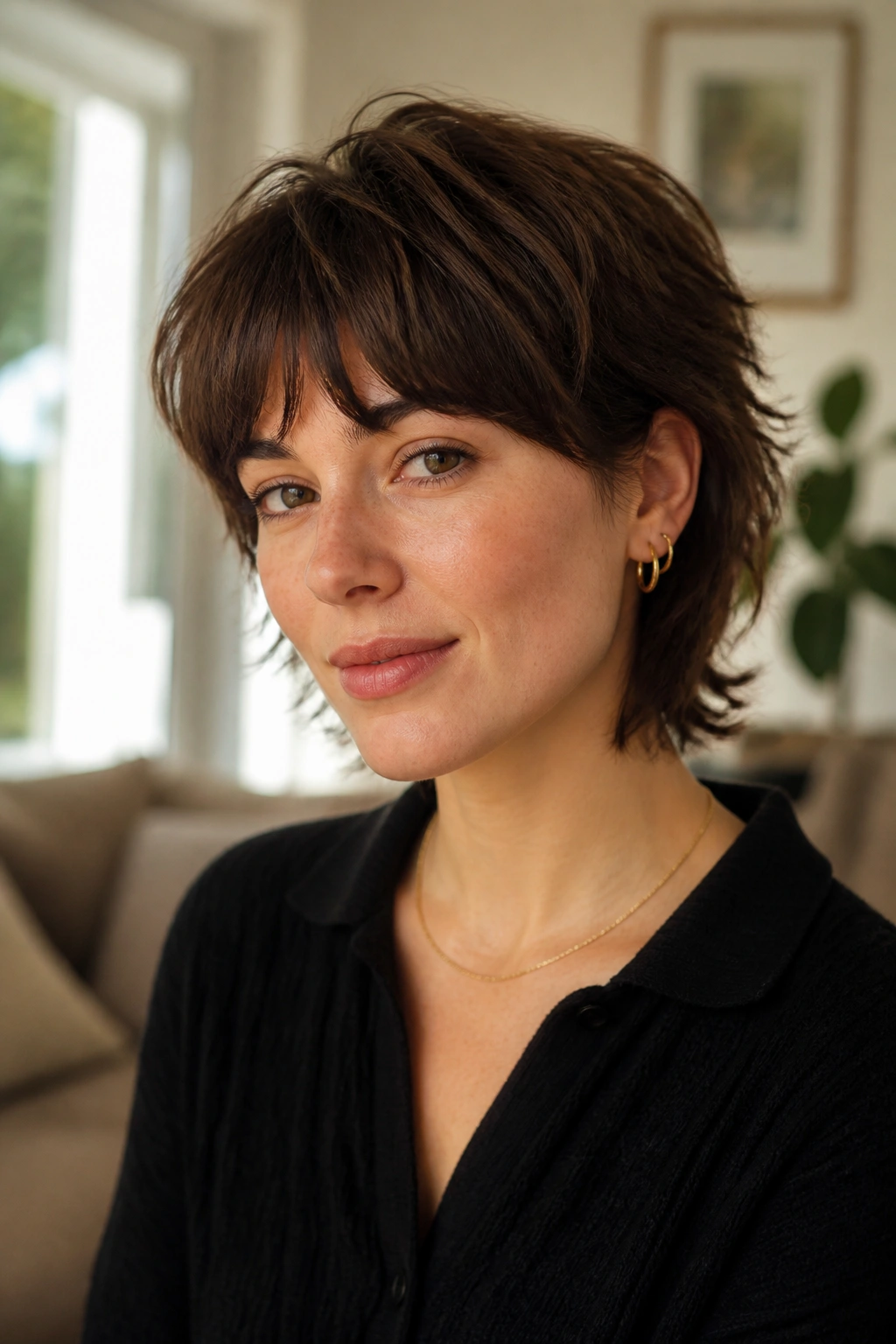 Close-up of a real person with a wolf cut lite for short hair.