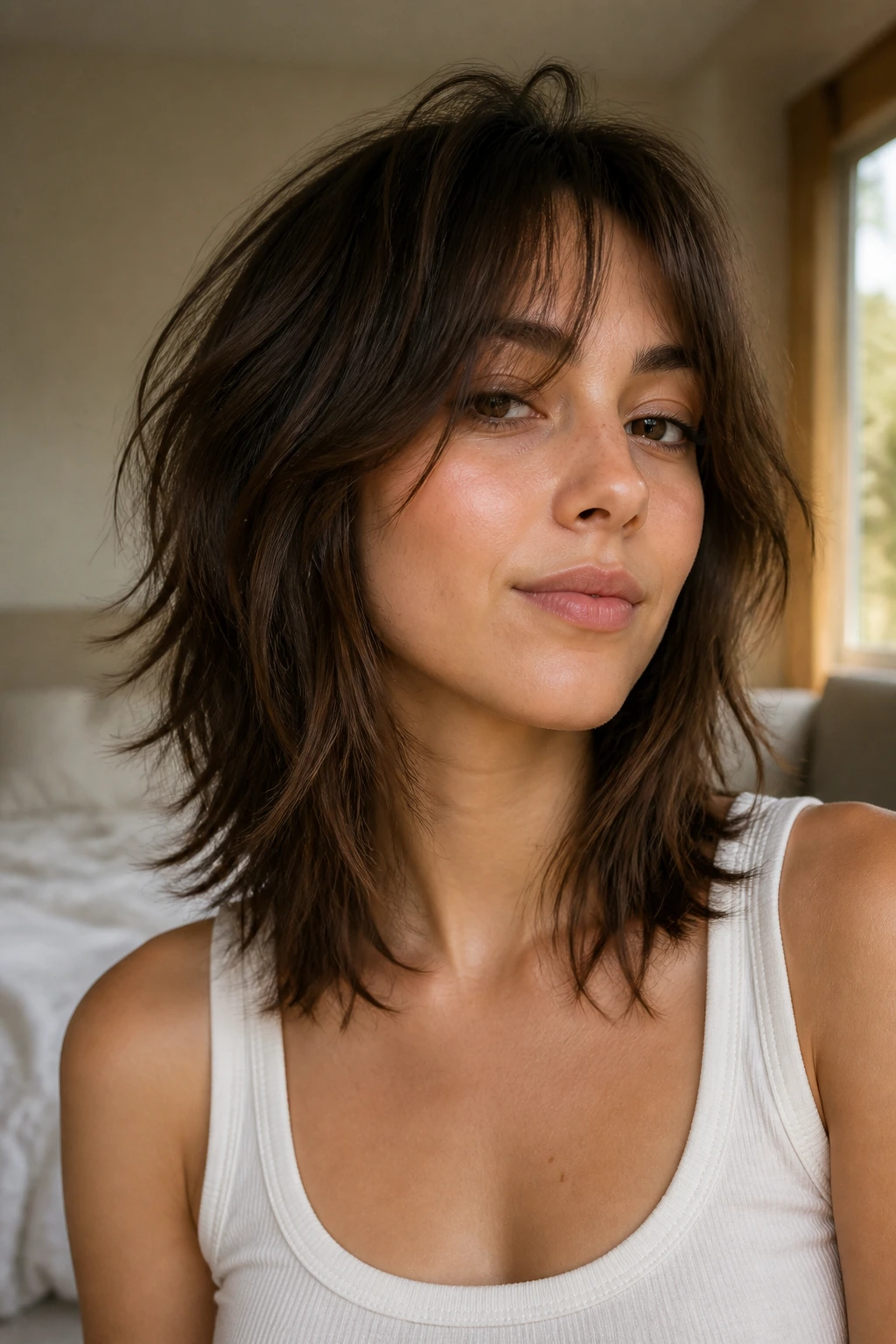 Close-up of a real woman with shoulder-length wolf cut and piecey ends in warm window light