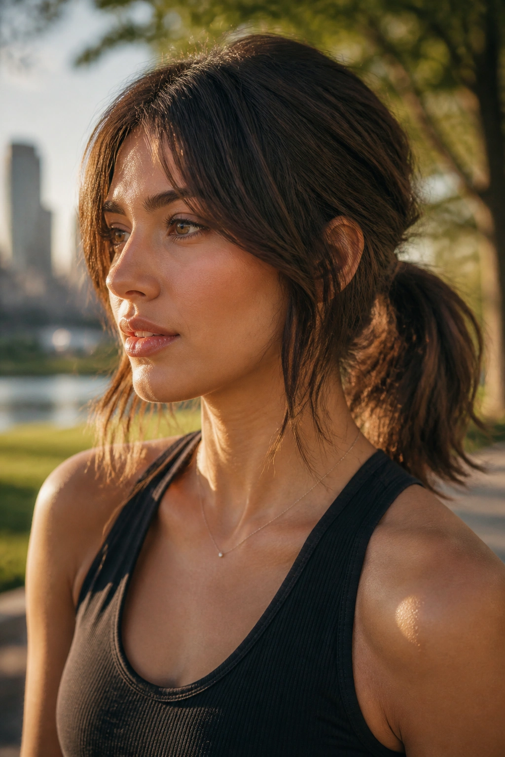 Medium close-up of a real woman with a shoulder-grazing wolf cut pulled into a soft ponytail