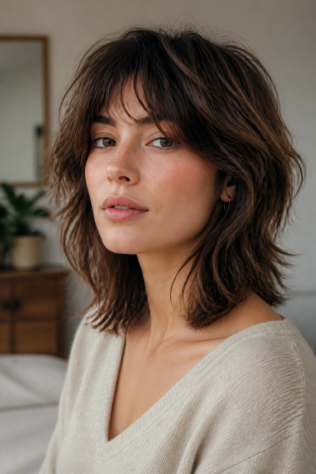 Portrait of a woman with a shoulder-skimming wolf cut.