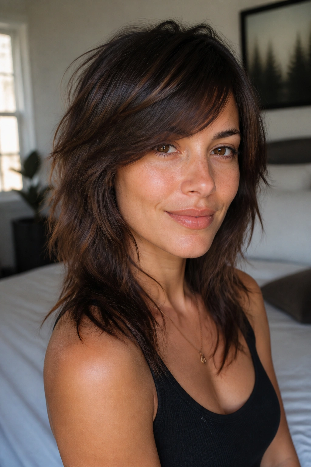 Close-up of a real person with side swept bangs on a soft wolf cut in warm window light