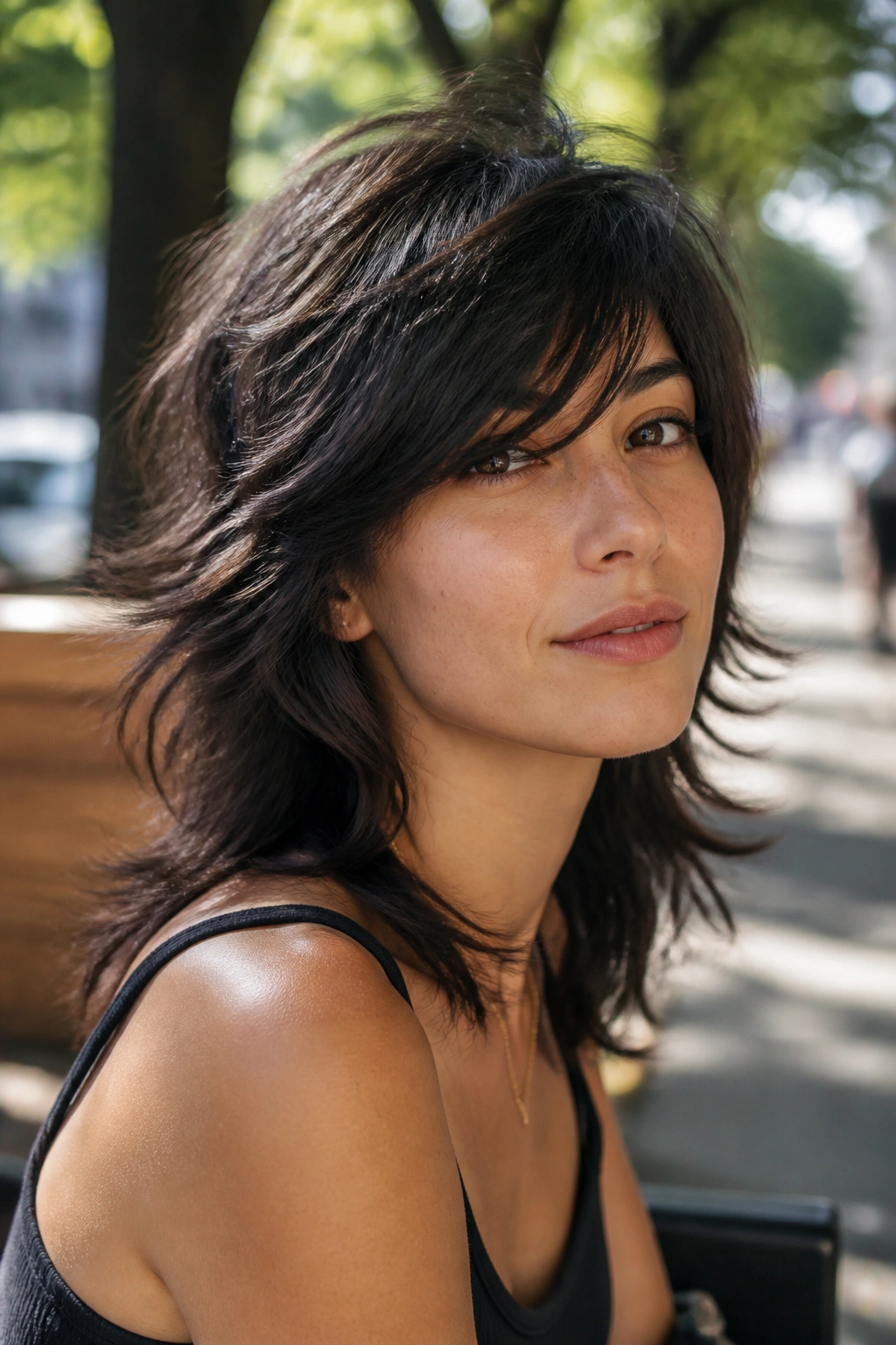 Close-up of a woman with tousled wolf cut and side-swept bangs in natural light.