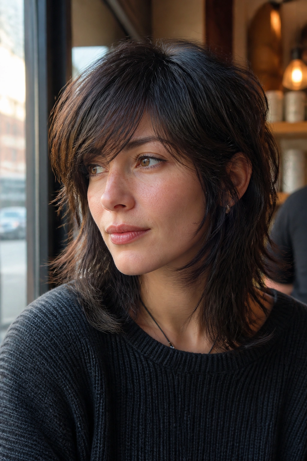 Real person with wolf cut and side bangs in a cozy cafe window light