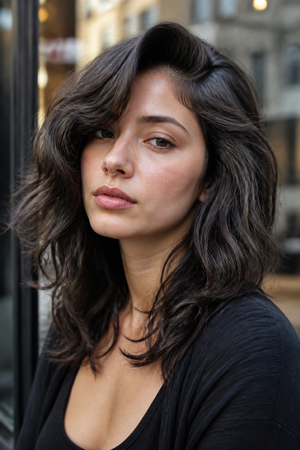 Portrait of a real person with a thick wavy wolf cut and deep side part.