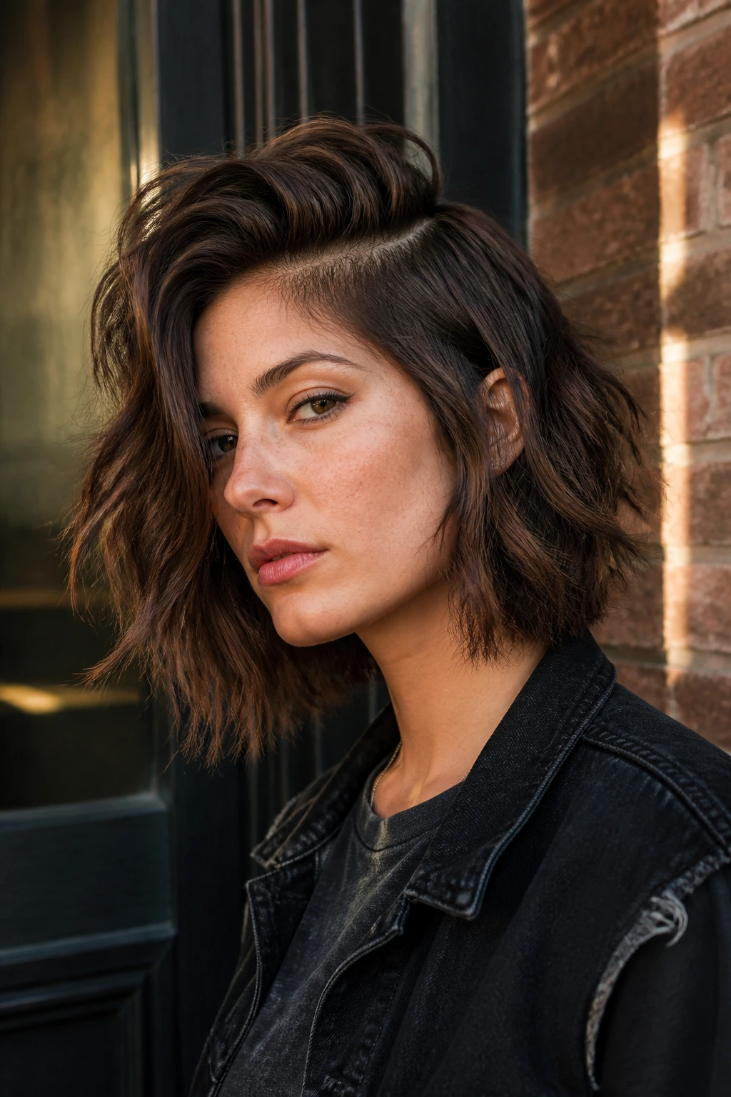 Real person with Wolf Cut Bob With a Heavy Side Part in urban doorway light