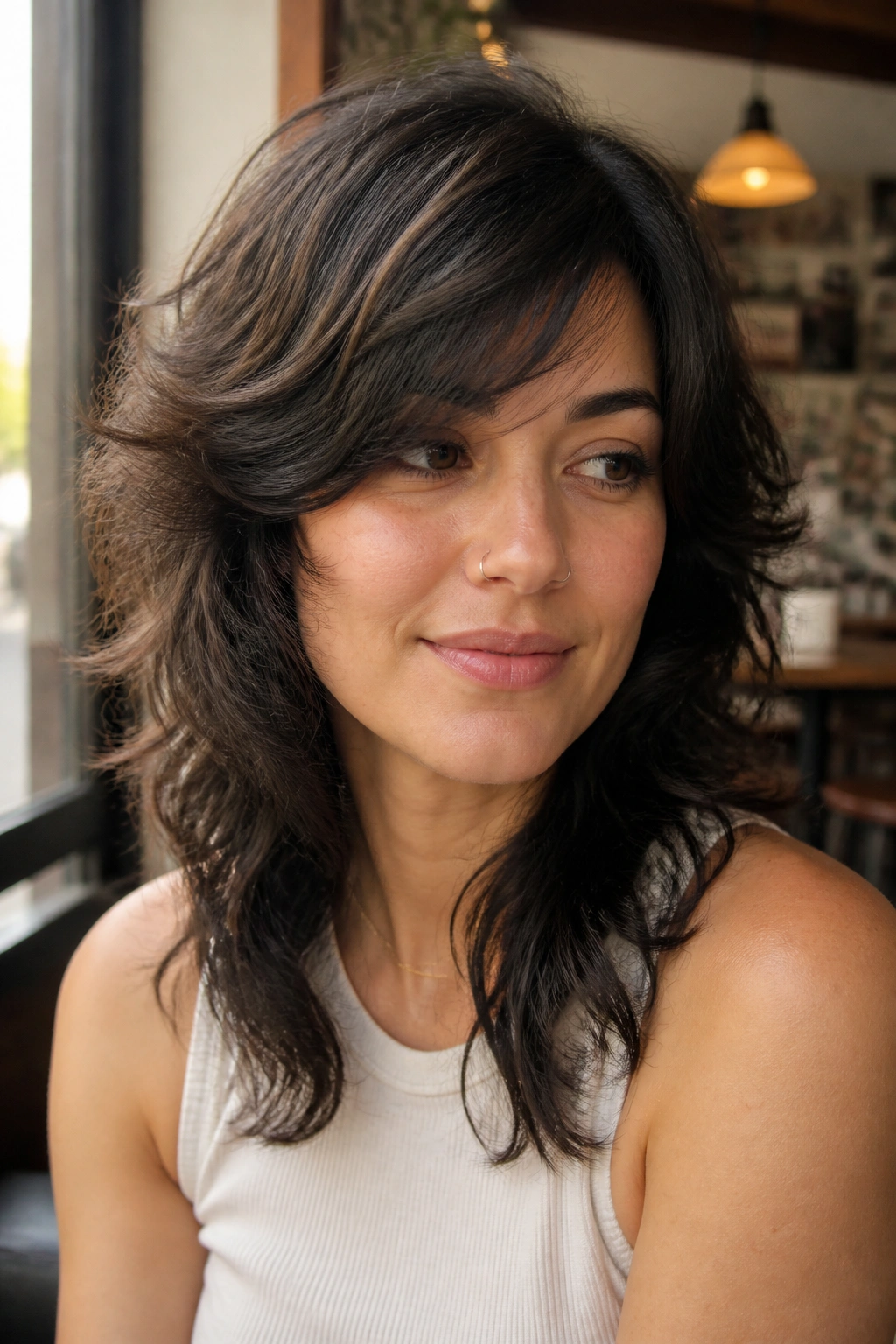 Real person with Side-Swept Fringe Wolf Cut, diagonal fringe line softening the forehead.