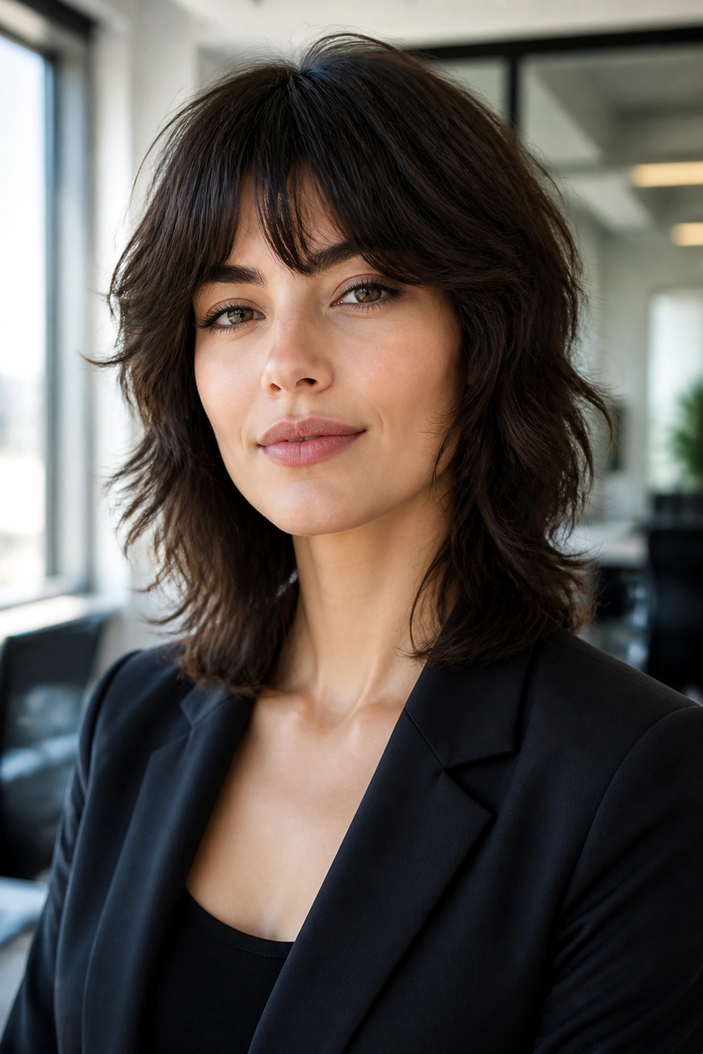 Close-up of real person with sleek-root wolf cut in a bright office setting