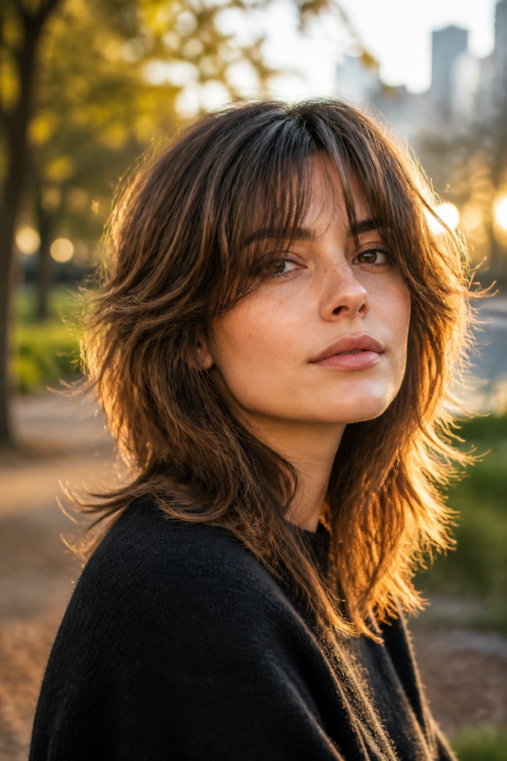 Real person with a soft wolf-inspired cut in an outdoor golden-hour scene.