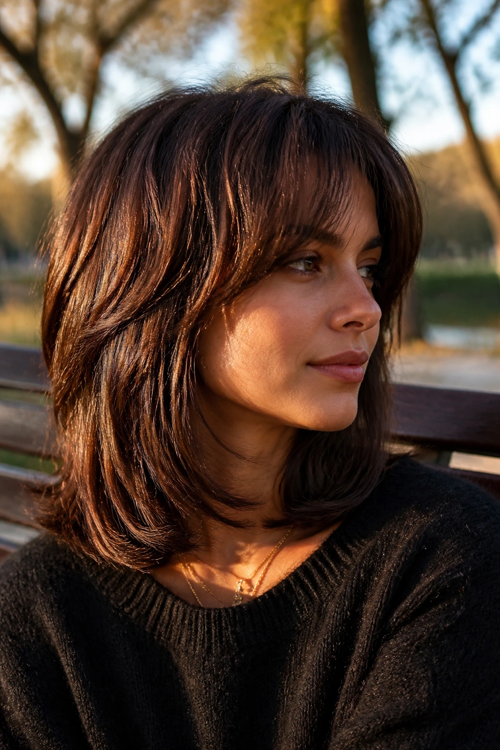Portrait of a real woman with Wolf Cut with Soft Bevel Ends in golden hour light