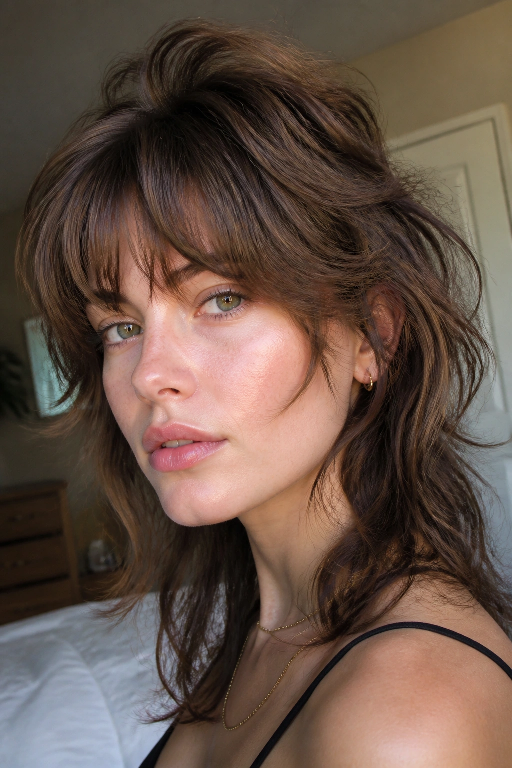 Close-up portrait of a real person with a Modern Wolf Cut with Soft Crown in warm window light