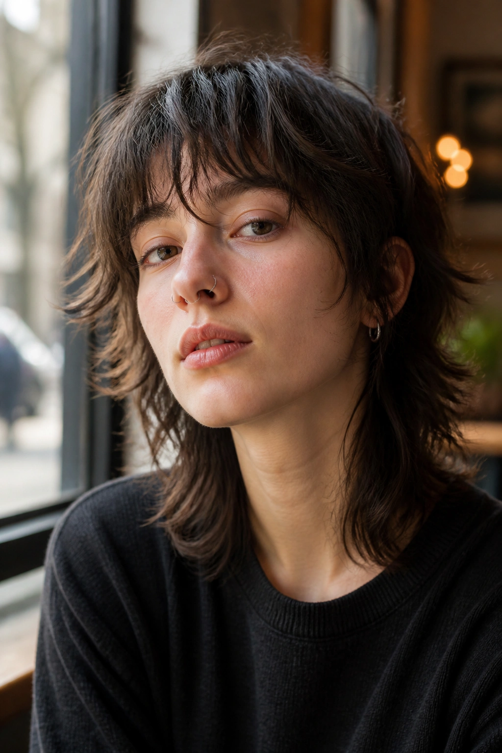 Close-up portrait of a real person with a soft fringe wolf cut, brow-length fringe with broken ends