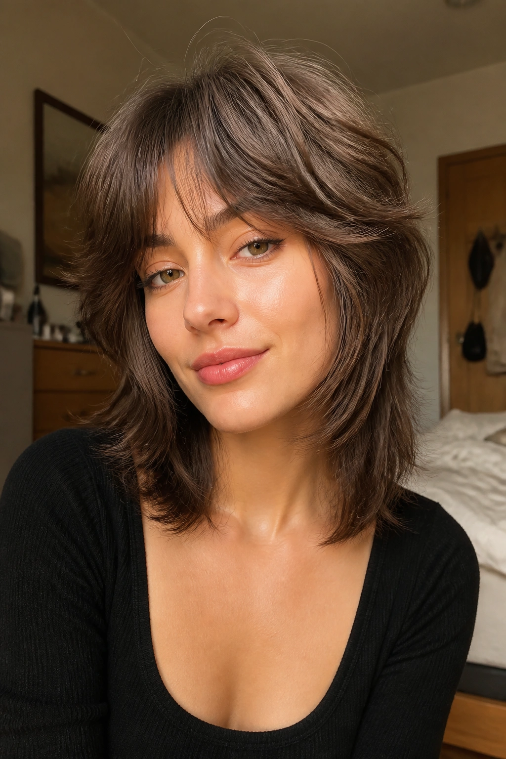 Close-up of a real woman with a soft airy wolf cut and face-framing texture.