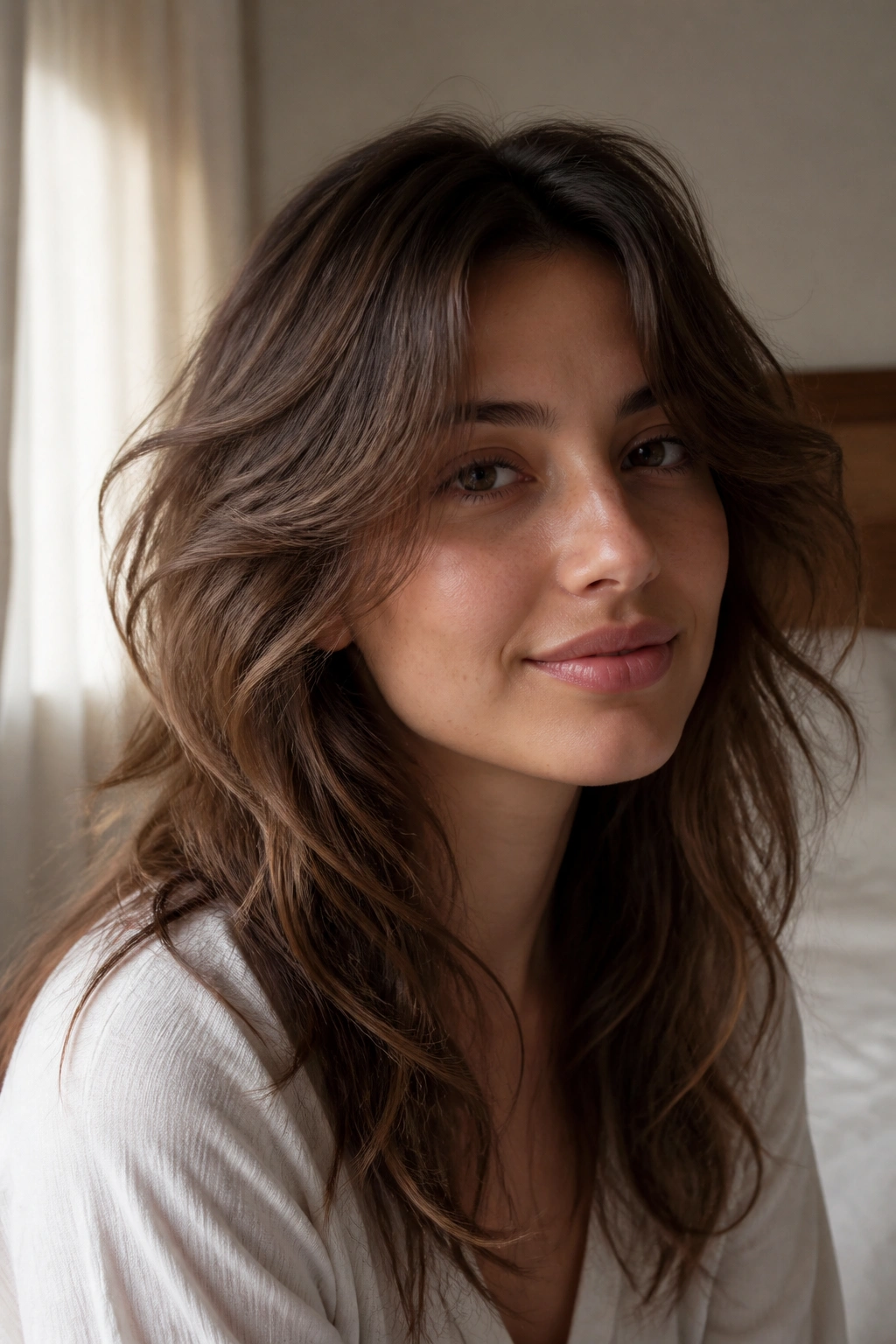 Close-up portrait of a real woman with a Romantic Wolf Cut with Soft Layers in warm bedroom light