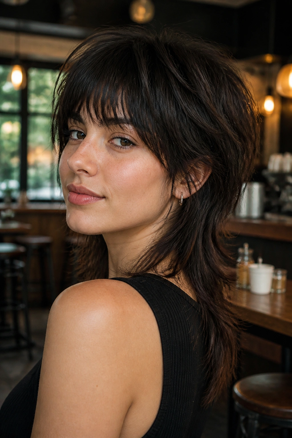 Close-up of a real woman with a soft mullet wolf cut in urban cafe light