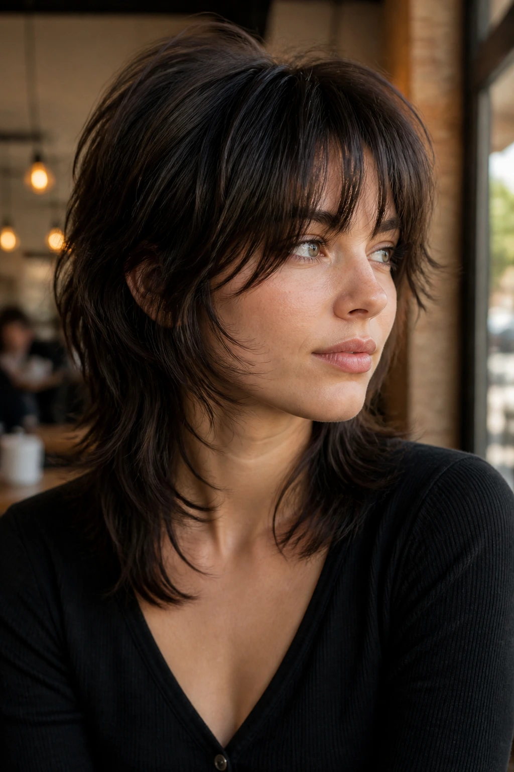Close-up of a person with a wolf cut and a softer crown in natural daylight.