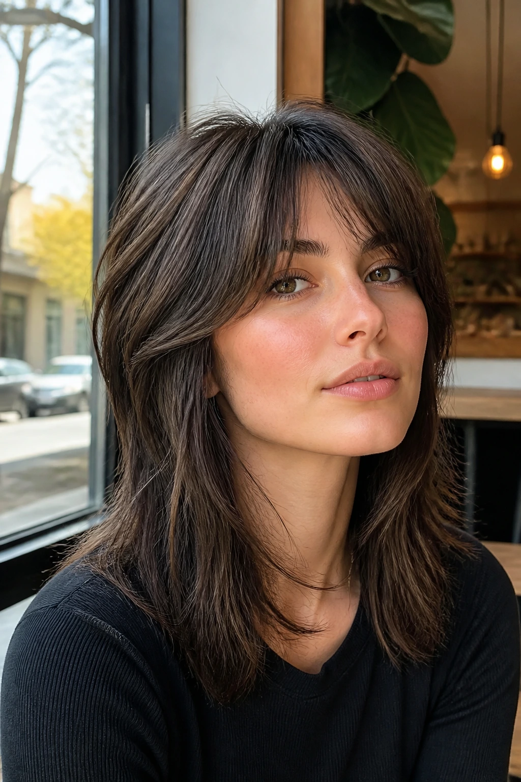 Real woman with square jaw wearing a wolf cut with soft fringe and curtain pieces