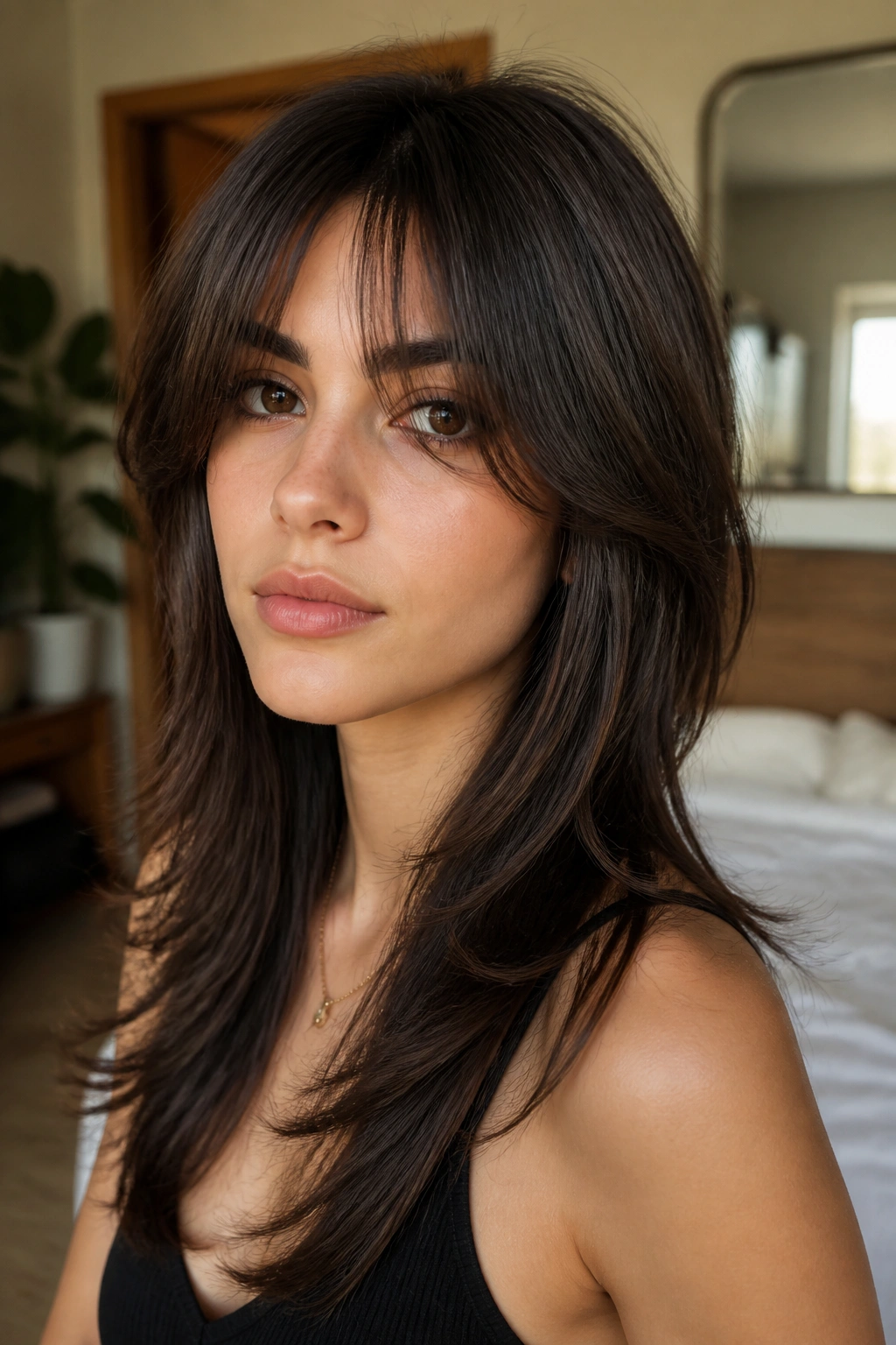 Close-up portrait of a real woman with a softly undone wolf cut for straight hair, lit by natural window light.